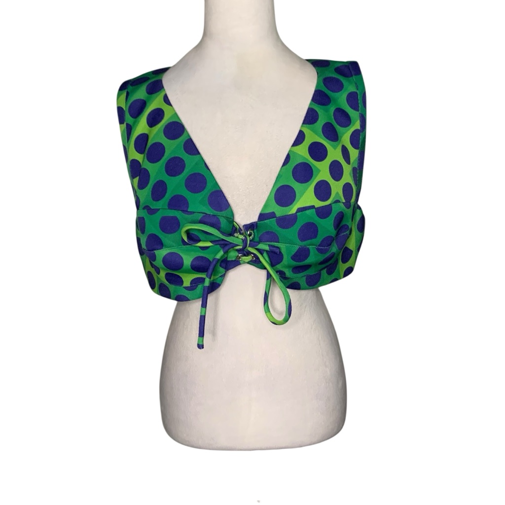 Paco Rabanne Women’s 44/Us 12 Green & Blue Polka Dot Lace Front Twill Crop Top